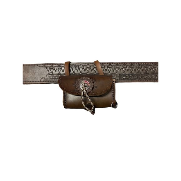 Vintage Dark Brown Hand Carved Tooled Bullet Leather Belt with Custom Pouch 44 - Picture 1 of 5